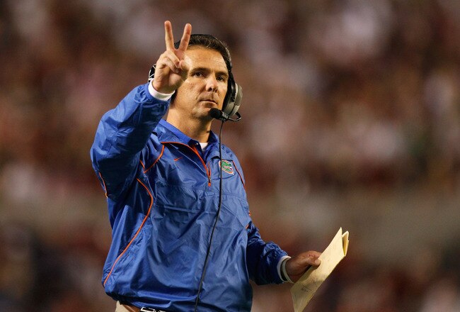 TUSCALOOSA, AL - OCTOBER 02:  Head coach Urban Meyer of the Florida Gators against the Alabama Crimson Tide at Bryant-Denny Stadium on October 2, 2010 in Tuscaloosa, Alabama.  (Photo by Kevin C. Cox/Getty Images)