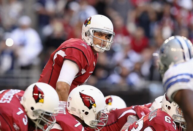 GLENDALE, AZ - DECEMBER 04:  Quarterback Kevin Kolb #4 of the Arizona Cardinals during the NFL game against the Dallas Cowboys at the University of Phoenix Stadium on December 4, 2011 in Glendale, Arizona.  The Cardinals defeated the Cowboys 19-13 in overtime.  (Photo by Christian Petersen/Getty Images)