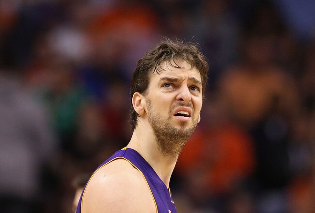 PHOENIX, AZ - FEBRUARY 19:  Pau Gasol #16 of the Los Angeles Lakers reacts as he looks up at the scoreboard during the NBA game against the Phoenix Suns at US Airways Center on February 19, 2012 in Phoenix, Arizona.  The Suns defeated the Lakers 102-90. NOTE TO USER: User expressly acknowledges and agrees that, by downloading and or using this photograph, User is consenting to the terms and conditions of the Getty Images License Agreement.  (Photo by Christian Petersen/Getty Images)