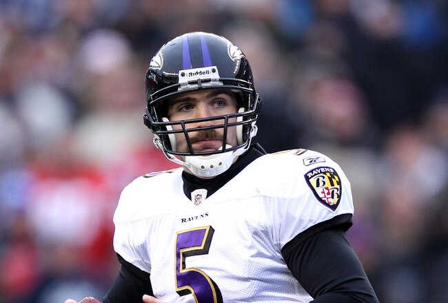 FOXBORO, MA - JANUARY 22:  Joe Flacco #5 of the Baltimore Ravens in action against the New England Patriots during their AFC Championship Game at Gillette Stadium on January 22, 2012 in Foxboro, Massachusetts.  (Photo by Elsa/Getty Images)