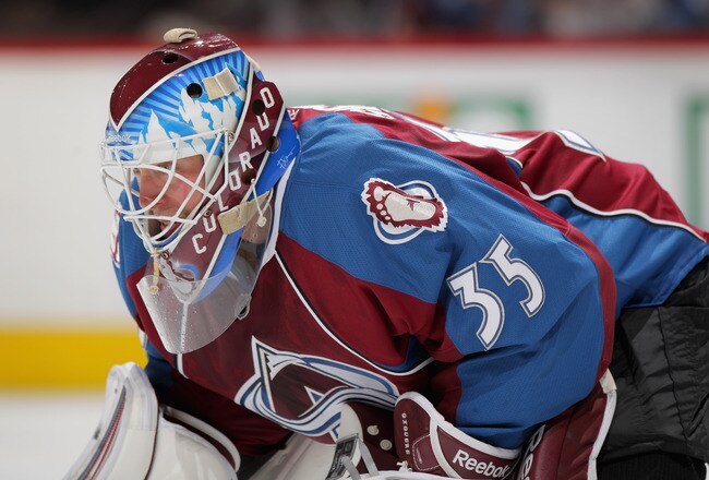 DENVER, CO - FEBRUARY 04:  Goalie Jean-Sebastien Giguere #35 of the Colorado Avalanche defends the goal against the Vancouver Canucks at the Pepsi Center on February 4, 2012 in Denver, Colorado. The Canucks defeated the Avalanche 3-2 in an overtime shoot out.  (Photo by Doug Pensinger/Getty Images)