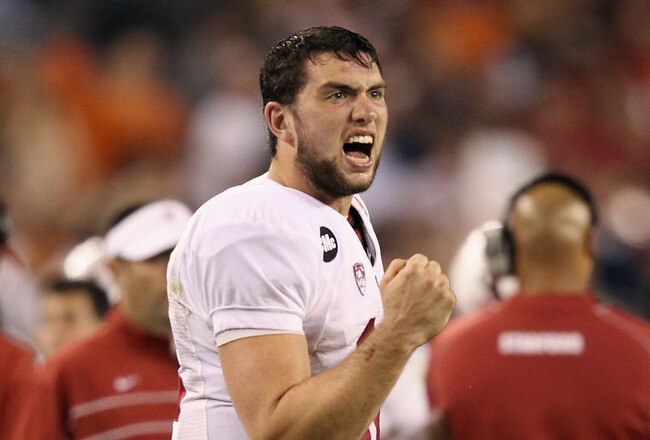 GLENDALE, AZ - JANUARY 02:  Andrew Luck #12 of the Stanford Cardinal reacts against the Oklahoma State Cowboys during the Tostitos Fiesta Bowl on January 2, 2012 at University of Phoenix Stadium in Glendale, Arizona. Oklahoma State won 41-38 in overtime.  (Photo by Christian Petersen/Getty Images)