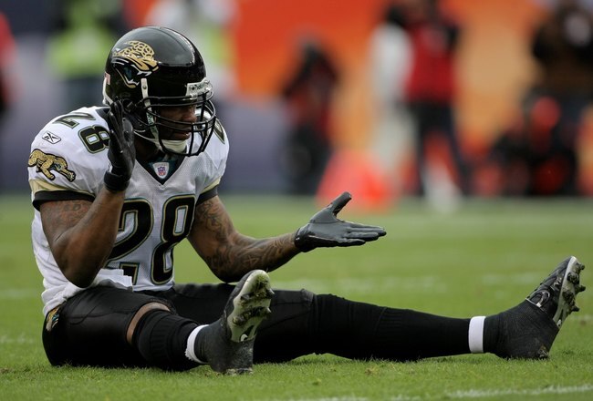 DENVER - OCTOBER 12:  Running back Fred Taylor #28 of the Jacksonville Jaguars reacts after fumbling the ball and turning it over to the Denver Broncos during NFL action at Invesco Field at Mile High on October 12, 2008 in Denver, Colorado. The Jaguars defeated the Broncos 24-17.  (Photo by Doug Pensinger/Getty Images)
