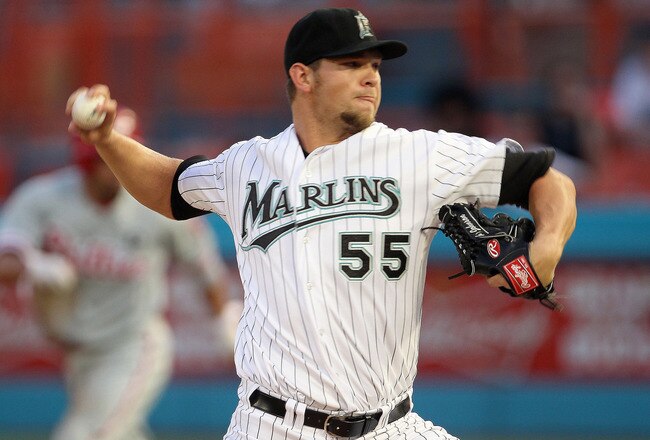 MIAMI GARDENS, FL - MAY 10:  Josh Johnson #55 of the Florida Marlins pitches during a game against the Philadelphia Phillies at Sun Life Stadium on May 10, 2011 in Miami Gardens, Florida.  (Photo by Mike Ehrmann/Getty Images)
