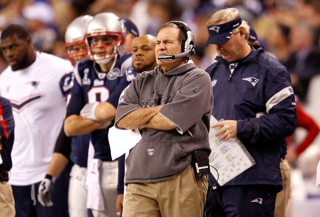 INDIANAPOLIS, IN - FEBRUARY 05:  Head coach Bill Belichick of the New England Patriots looks on against the New York Giants during Super Bowl XLVI at Lucas Oil Stadium on February 5, 2012 in Indianapolis, Indiana.  (Photo by Rob Carr/Getty Images)