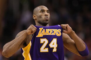 PHOENIX, AZ - FEBRUARY 19:  Kobe Bryant #24 of the Los Angeles Lakers adjusts his jersey during the NBA game against the Phoenix Suns at US Airways Center on February 19, 2012 in Phoenix, Arizona. The Suns defeated the Lakers 102-90. NOTE TO USER: User expressly acknowledges and agrees that, by downloading and or using this photograph, User is consenting to the terms and conditions of the Getty Images License Agreement.  (Photo by Christian Petersen/Getty Images)