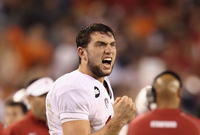GLENDALE, AZ - JANUARY 02:  Andrew Luck #12 of the Stanford Cardinal reacts during the Tostitos Fiesta Bowl against the Oklahoma State Cowboys on January 2, 2012 at University of Phoenix Stadium in Glendale, Arizona.  (Photo by Christian Petersen/Getty Images)