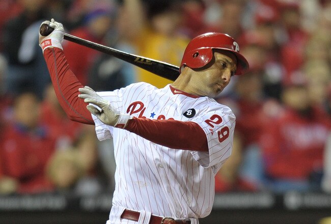 PHILADELPHIA, PA - OCTOBER 02: Raul Ibanez #29 of the Philadelphia Phillies bats during Game Two of the National League Division Series against the St. Louis Cardinals at Citizens Bank Park on October 2, 2011 in Philadelphia, Pennsylvania. The Cardinals won 5-4.  (Photo by Drew Hallowell/Getty Images)