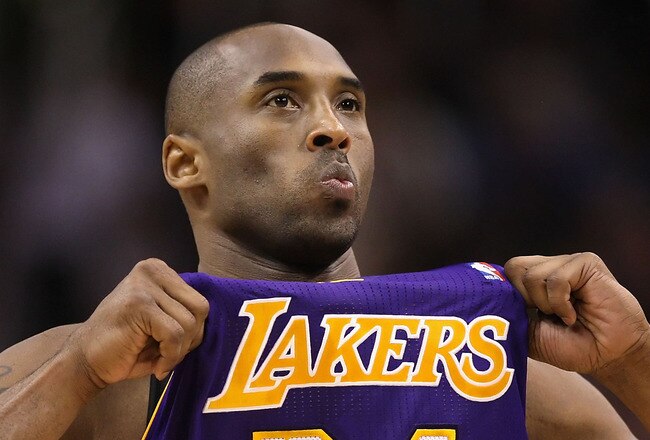 PHOENIX, AZ - FEBRUARY 19:  Kobe Bryant #24 of the Los Angeles Lakers adjusts his jersey during the NBA game against the Phoenix Suns at US Airways Center on February 19, 2012 in Phoenix, Arizona. The Suns defeated the Lakers 102-90. NOTE TO USER: User expressly acknowledges and agrees that, by downloading and or using this photograph, User is consenting to the terms and conditions of the Getty Images License Agreement.  (Photo by Christian Petersen/Getty Images)
