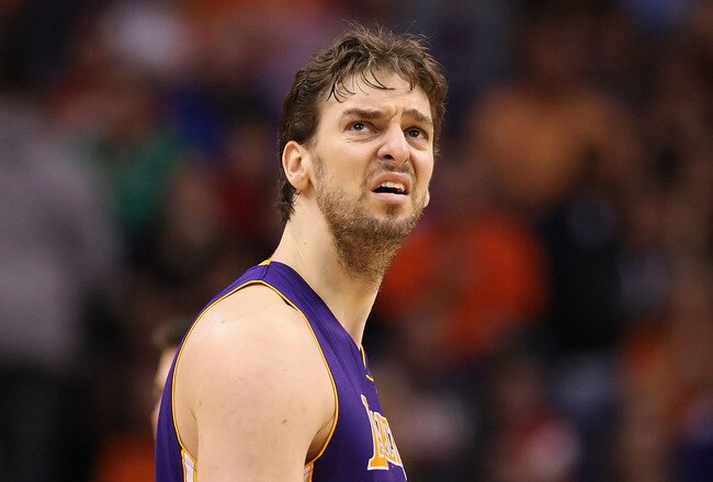 PHOENIX, AZ - FEBRUARY 19:  Pau Gasol #16 of the Los Angeles Lakers reacts as he looks up at the scoreboard during the NBA game against the Phoenix Suns at US Airways Center on February 19, 2012 in Phoenix, Arizona.  The Suns defeated the Lakers 102-90. NOTE TO USER: User expressly acknowledges and agrees that, by downloading and or using this photograph, User is consenting to the terms and conditions of the Getty Images License Agreement.  (Photo by Christian Petersen/Getty Images)