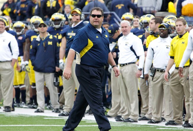 ANN ARBOR, MI - NOVEMBER 26:  Head coach Brady Hoke of the Michigan Wolverines looks on from the sidelines while playing the Ohio State Buckeyes at Michigan Stadium on November 26, 2011 in Ann Arbor, Michigan. Michigan won the game 40-34. (Photo by Gregory Shamus/Getty Images)