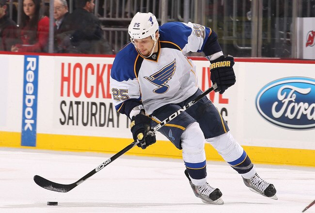 NEWARK, NJ - FEBRUARY 09: Chris Stewart #25 of the St Louis Blues against the New Jersey Devils at Prudential Center on February 9, 2012 in Newark, New Jersey.  (Photo by Nick Laham/Getty Images)