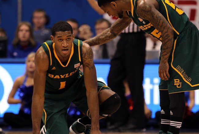 LAWRENCE, KS - JANUARY 16:  Perry Jones III #1 of the Baylor Bears falls to the ground during the game against the Kansas Jayhawks on January 16, 2012 at Allen Fieldhouse in Lawrence, Kansas.  (Photo by Jamie Squire/Getty Images)