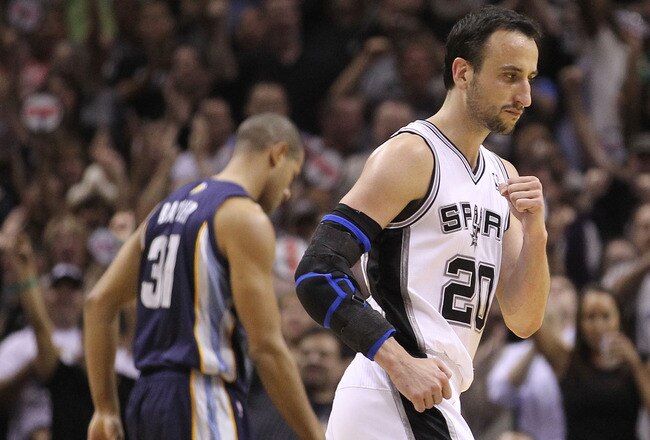 SAN ANTONIO, TX - APRIL 20:  Guard Manu Ginobili #20 of the San Antonio Spurs reacts against the Memphis Grizzlies in Game Two of the Western Conference Quarterfinals in the 2011 NBA Playoffs on April 20, 2011 at AT&T Center in San Antonio, Texas.  NOTE TO USER: User expressly acknowledges and agrees that, by downloading and or using this photograph, User is consenting to the terms and conditions of the Getty Images License Agreement.  (Photo by Ronald Martinez/Getty Images)