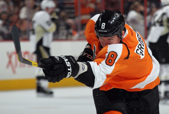 PHILADELPHIA, PA - FEBRUARY 18: Nicklas Grossman #8 of the Philadelphia Flyers takes a shot in warmups prior to playing in his first game as a Flyer against the Pittsburgh Penguins at the Wells Fargo Center on February 18, 2012 in Philadelphia, Pennsylvania.  (Photo by Bruce Bennett/Getty Images)