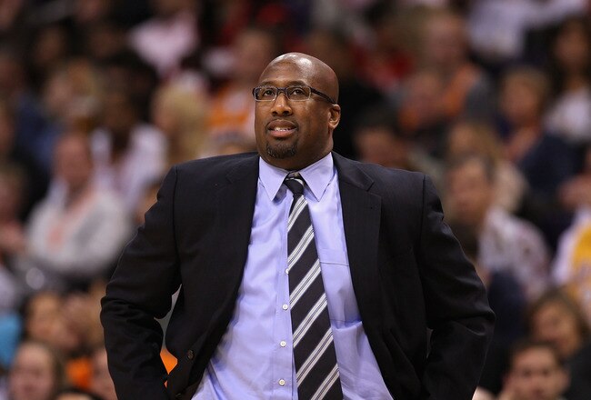PHOENIX, AZ - FEBRUARY 19:  Head coach Mike Brown of the Los Angeles Lakers reacts during the NBA game agaisnt the Phoenix Suns at US Airways Center on February 19, 2012 in Phoenix, Arizona. The Suns defeated the Lakers 102-90. NOTE TO USER: User expressly acknowledges and agrees that, by downloading and or using this photograph, User is consenting to the terms and conditions of the Getty Images License Agreement.  (Photo by Christian Petersen/Getty Images)