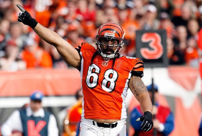CINCINNATI - NOVEMBER 29:  Jonathan Fanene #68 of the Cincinnati Bengals gestures during the NFL game against the Cleveland Browns at Paul Brown Stadium on November 29, 2009 in Cincinnati, Ohio.  (Photo by Andy Lyons/Getty Images)