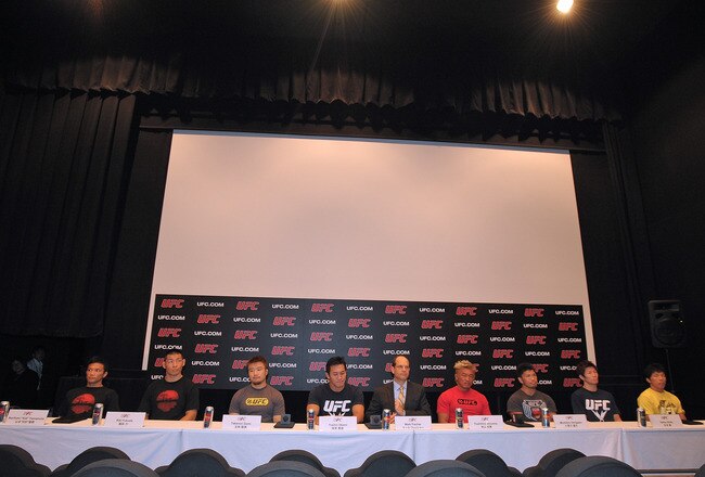 TOKYO, JAPAN - SEPTEMBER 06:  (L-R) Norifumi 'Kid' Yamamoto, Riki Fukuda, Takanori Gomi, Yushin Okami, Head of UFC Asia Marc Fischer, Yoshihiro Akiyama, Michihiro Omigawa, Hatsu Hioki and Takeya Mizugaki attend the UFC press conference at Shinjuku Wald 9 on September 6, 2011 in Tokyo, Japan. The UFC will hold the Japan Tournament on February 26, 2012.  (Photo by Koki Nagahama/Getty Images)