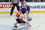 UNIONDALE, NY - FEBRUARY 11:  Evgeni Nabokov #20 of the New York Islanders in action against the Los Angeles Kings  on February 11, 2012 at Nassau Coliseum in Uniondale, New York. The Islanders defeated the Kings 2-1 in overtime.  (Photo by Jim McIsaac/Getty Images)