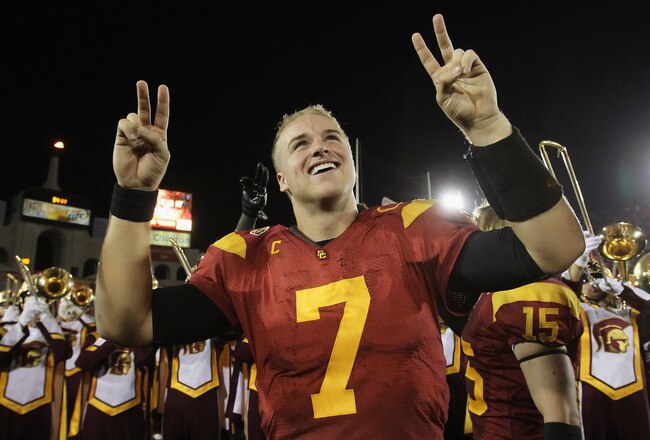 LOS ANGELES, CA - NOVEMBER 26:  Quarterback Matt Barkley #7 of the USC Trojans celebrates following the game against the UCLA Bruins at Los Angeles Memorial Coliseum on November 26, 2011 in Los Angeles, California. USC defeated UCLA 50-0.  (Photo by Jeff Gross/Getty Images)