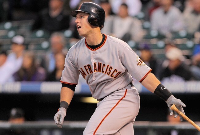 DENVER, CO - APRIL 19:  Buster Posey #28 of the San Francisco Giants takes an at bat against the Colorado Rockies at Coors Field on April 19, 2011 in Denver, Colorado.  (Photo by Doug Pensinger/Getty Images)