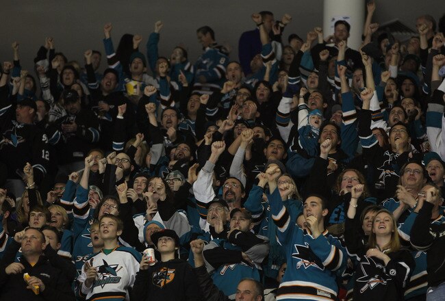 SAN JOSE, CA - JANUARY 07:  San Jose Sharks fans celebrate a goal against the Washington Capitals at the HP Pavilion at San Jose on January 7, 2012 in San Jose, California. The Sharks defeated the Capitals 5-2.  (Photo by Bruce Bennett/Getty Images)