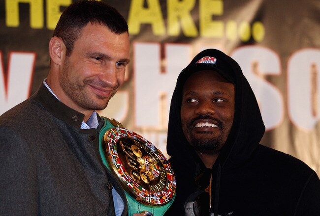 LONDON, ENGLAND - JANUARY 09:  (L-R) Vitali Klitschko of the Ukraine and Dereck Chisora of England during a press conference at The Landmark Hotel on January 9, 2012 in London, England.  (Photo by Andrew Redington/Getty Images)