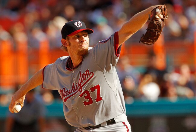 MIAMI GARDENS, FL - SEPTEMBER 28:  Stephen Strasburg #37 of the Washington Nationals pitches during a game against the Florida Marlins at Sun Life Stadium on September 28, 2011 in Miami Gardens, Florida.  (Photo by Mike Ehrmann/Getty Images)