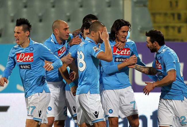 FLORENCE, ITALY - FEBRUARY 17: Napoli players celebrate a goal scored by Edinson Cavani during the Serie A match between ACF Fiorentina and SSC Napoli at Stadio Artemio Franchi on February 17, 2012 in Florence, Italy.  (Photo by Gabriele Maltinti/Getty Images)