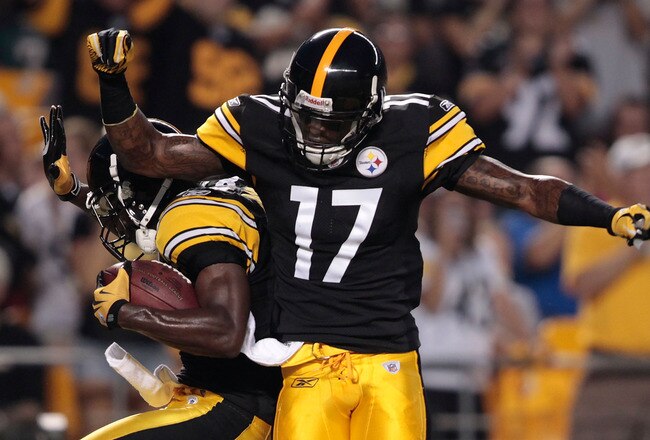 PITTSBURGH - AUGUST 18:  Antonio Brown #84 and Mike Wallace #17 of the Pittsburgh Steelers celebrate after Brown's touchdown against the Philadelphia Eagles during the preseason game on August 18, 2011 at Heinz Field in Pittsburgh, Pennsylvania.  (Photo by Jared Wickerham/Getty Images)