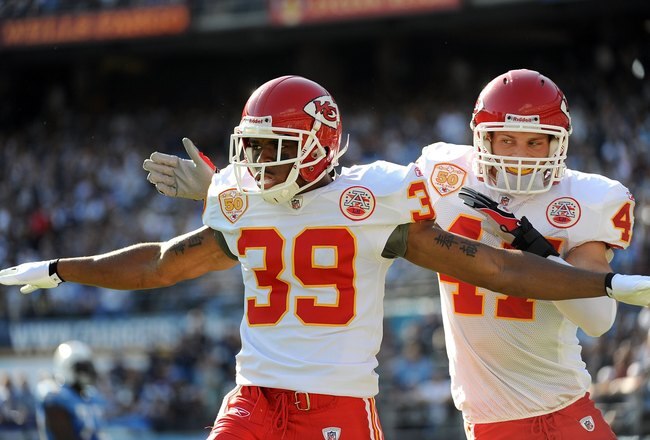 SAN DIEGO - NOVEMBER 29:  Brandon Carr #39 of the Kansas City Chiefs celebrates a third down stop with Jon McGraw #47 against San Diego Chargers at Qualcomm Stadium on November 29, 2009 in San Diego, California.  (Photo by Harry How/Getty Images)