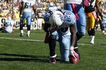 PITTSBURGH, PA - OCTOBER 9:   Chris Johnson #28 of the Tennessee Titans reacts to his touchdown against the Pittsburgh Steelers during the game on October 9, 2011 at Heinz Field in Pittsburgh, Pennsylvania.  The Steelers defeated the Titans 38-17.  (Photo by Justin K. Aller/Getty Images)