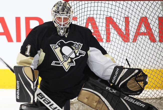 TORONTO, CANADA - FEBRUARY 1:  Brent Johnson #1 of the Pittsburgh Penguins faces shots in the warm-up prior to a game against the Toronto Maple Leafs on February 1, 2012 at the Air Canada Centre in Toronto, Canada. The Leafs defeated the Penguins 1-0. (Photo by Claus Andersen/Getty Images)