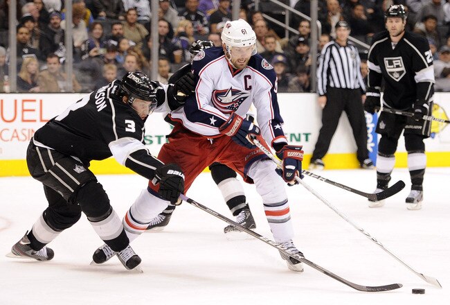 LOS ANGELES, CA - FEBRUARY 01:  Rick Nash #61 of the Columbus Blue Jackets breaks in on Jack Johnson #3 of the Los Angeles Kings during the game at Staples Center on February 1, 2012 in Los Angeles, California.  (Photo by Harry How/Getty Images)