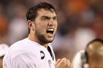 GLENDALE, AZ - JANUARY 02:  Andrew Luck #12 of the Stanford Cardinal reacts during the Tostitos Fiesta Bowl against the Oklahoma State Cowboys on January 2, 2012 at University of Phoenix Stadium in Glendale, Arizona.  (Photo by Christian Petersen/Getty Images)