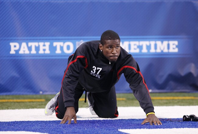 INDIANAPOLIS, IN - MARCH 1: Defensive back Patrick Peterson #37 of LSU stretches before working out during the 2011 NFL Scouting Combine at Lucas Oil Stadium on February 28, 2011 in Indianapolis, Indiana. (Photo by Joe Robbins/Getty Images)