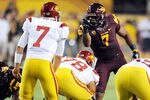 TEMPE, AZ - SEPTEMBER 24:   Vontaze Burfict #7 of the Arizona State Sun Devils points and yells at quarterback Matt Barkley #7 of the University of Southern California Trojans just prior to a play at Sun Devil Stadium on September 24, 2011 in Tempe, Arizona.  (Photo by Norm Hall/Getty Images)