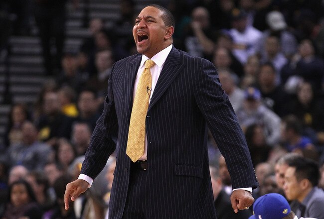 OAKLAND, CA - FEBRUARY 15:  Golden State Warriors head coach Mark Jackson shouts at this team during their game against the Portland Trail Blazers at Oracle Arena on February 15, 2012 in Oakland, California. NOTE TO USER: User expressly acknowledges and agrees that, by downloading and or using this photograph, User is consenting to the terms and conditions of the Getty Images License Agreement.  (Photo by Ezra Shaw/Getty Images)