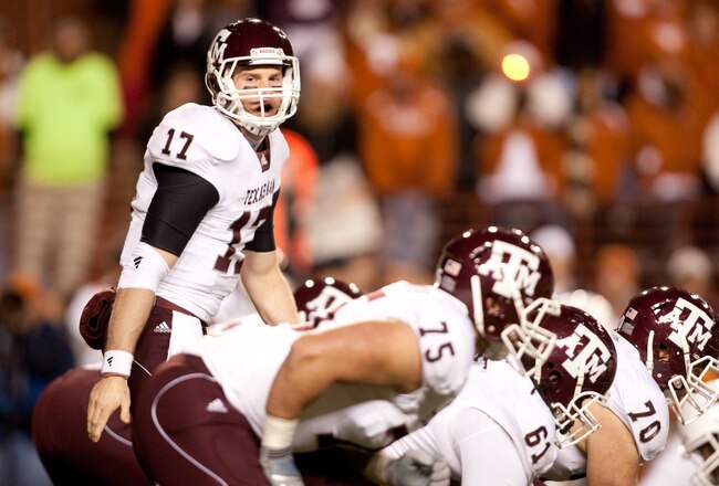 AUSTIN, TX - NOVEMBER 25:  Quarterback Ryan Tannehill #17 of Texas A&M during the game against University of Texas in the first half at Darrell K. Royal-Texas Memorial Stadium on November 25, 2010 in Austin, Texas. (Photo by Darren Carroll/Getty Images)