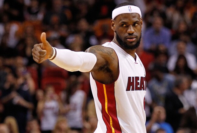 MIAMI, FL - JANUARY 27: LeBron James #6 of the Miami Heat calls a play during a game against the New York Knicks at American Airlines Arena on January 27, 2012 in Miami, Florida. NOTE TO USER: User expressly acknowledges and agrees that, by downloading and/or using this Photograph, User is consenting to the terms and conditions of the Getty Images License Agreement.  (Photo by Mike Ehrmann/Getty Images)