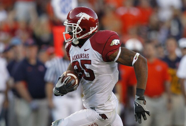 AUBURN - OCTOBER 16:  Wide receiver Greg Childs #85 of the Arkansas Razorbacks makes a reception and runs for a touchdown in the fourth quarter during the game against the Auburn Tigers at Jordan-Hare Stadium on October 16, 2010 in Auburn, Alabama.  The Tigers beat the Razorbacks 65-43.  (Photo by Mike Zarrilli/Getty Images)