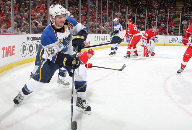 DETROIT, MI - JANUARY 23:  Jamie Langenbrunner #15 of the St. Louis Blues skates against the Detroit Red Wings during their NHL game at Joe Louis Arena on January 23, 2012 in Detroit, Michigan.  (Photo by Dave Sandford/Getty Images)