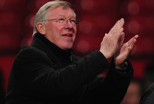 MANCHESTER, ENGLAND - JANUARY 31: Sir Alex Ferguson of Manchester United applauds the crowd during the Barclays Premier League match between Manchester United and Stoke City at Old Trafford on January 31, 2012 in Manchester, England.  (Photo by Jamie McDonald/Getty Images)