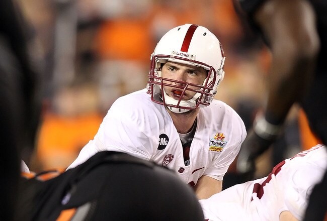 GLENDALE, AZ - JANUARY 02:  Andrew Luck #12 of the Stanford Cardinal prepares to snap the football during the Tostitos Fiesta Bowl against the Oklahoma State Cowboys on January 2, 2012 at University of Phoenix Stadium in Glendale, Arizona.  (Photo by Christian Petersen/Getty Images)
