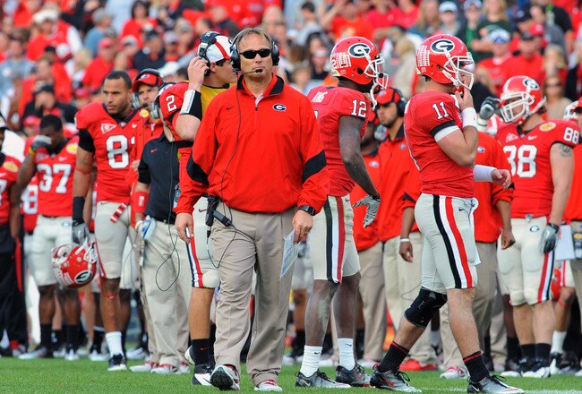 TAMPA, FL - JANUARY 02: Coach Mark Richt of the Georgia Bulldogs  watches play against the Michigan State Spartans in the Outback Bowl January 2, 2012 at Raymond James Stadium in Tampa, Florida. (Photo by Al Messerschmidt/Getty Images)