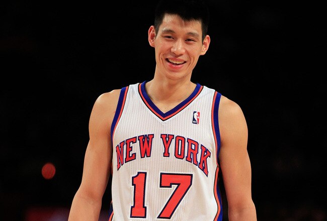 NEW YORK, NY - FEBRUARY 20:  Jeremy Lin #17 of the New York Knicks smiles during the game against the New Jersey Nets at Madison Square Garden on February 20, 2012 in New York City. NOTE TO USER: User expressly acknowledges and agrees that, by downloading and/or using this Photograph, user is consenting to the terms and conditions of the Getty Images License Agreement.  (Photo by Chris Trotman/Getty Images)
