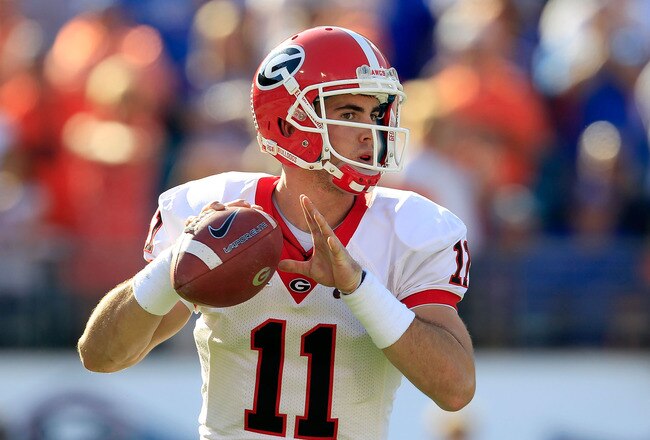 JACKSONVILLE, FL - OCTOBER 29:  Aaron Murray #11 of the Georgia Bulldogs attempts a pass during the game against the Florida Gators at EverBank Field on October 29, 2011 in Jacksonville, Florida.  (Photo by Sam Greenwood/Getty Images)