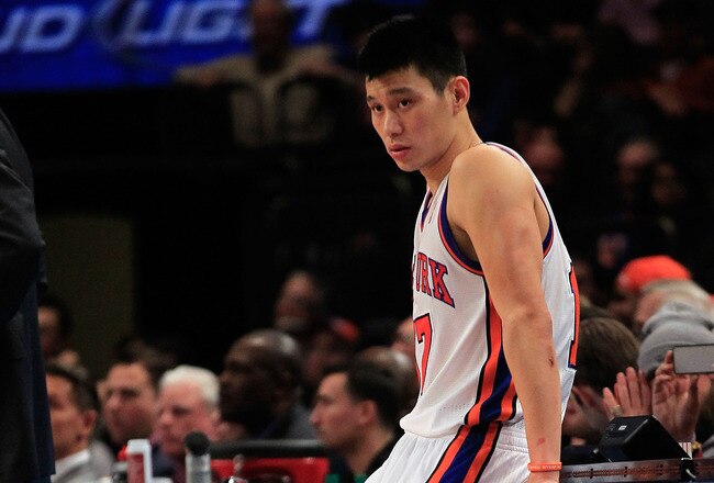 NEW YORK, NY - FEBRUARY 20:  Jeremy Lin #17 of the New York Knicks looks on during the game against the New Jersey Nets at Madison Square Garden on February 20, 2012 in New York City. NOTE TO USER: User expressly acknowledges and agrees that, by downloading and/or using this Photograph, user is consenting to the terms and conditions of the Getty Images License Agreement.  (Photo by Chris Trotman/Getty Images)