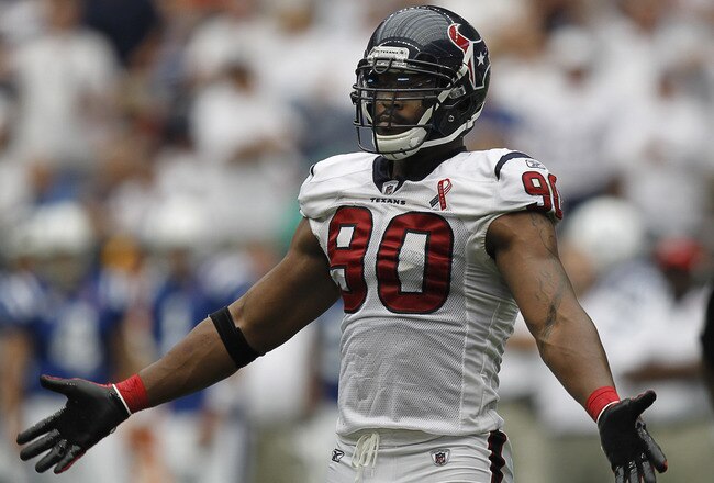 HOUSTON - SEPTEMBER 11:  Mario Williams #90 of the Houston Texans during game action against the Indianapolis Colts at Reliant Stadium on September 11, 2011 in Houston, Texas. The Texans won 34-7.  (Photo by Bob Levey/Getty Images)
