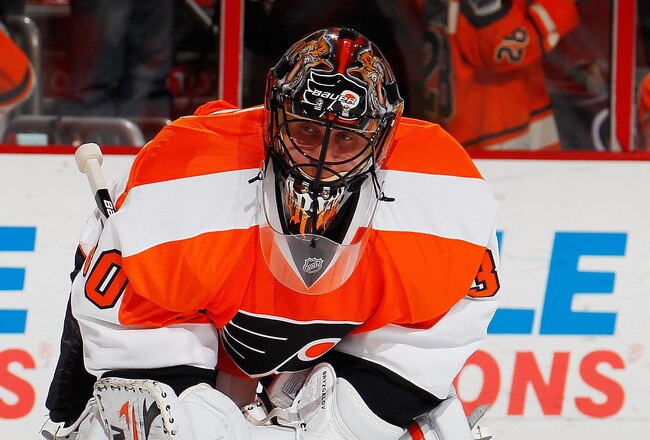 PHILADELPHIA, PA - JANUARY 31:  Goalie Ilya Bryzgalov #31 of the Philadelphia Flyers skates during practice before an NHL hockey game against the Winnipeg Jets at Wells Fargo Center on January 31, 2012 in Philadelphia, Pennsylvania.  (Photo by Paul Bereswill/Getty Images)